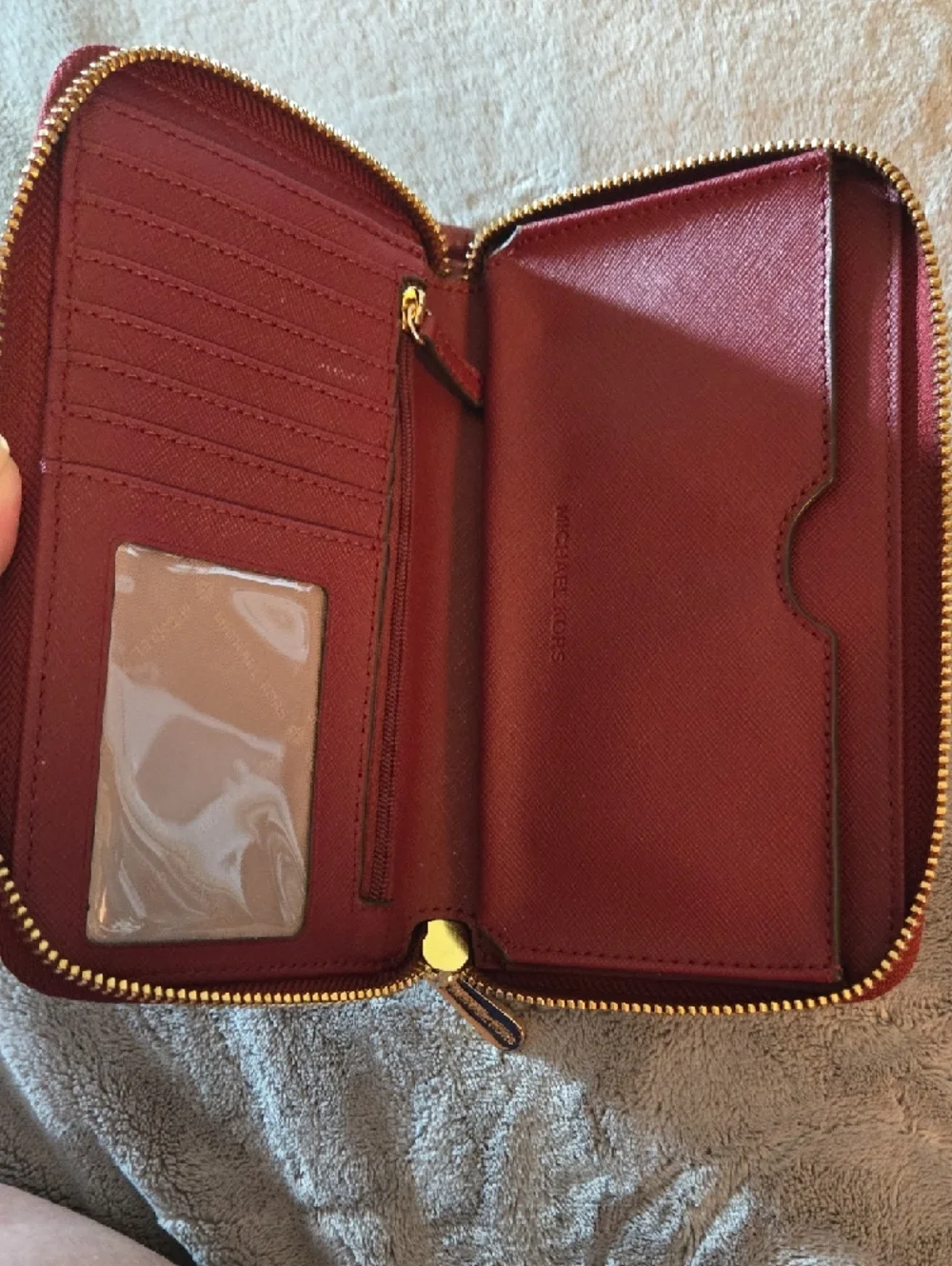 EUC Michael Kors Red Leather Zip Wallet with Gold Eyelet Accents